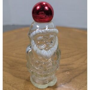 Vtg Avon Jolly Santa Empty Bottle Clear Glass Metallic Red Top Paintd White Hair